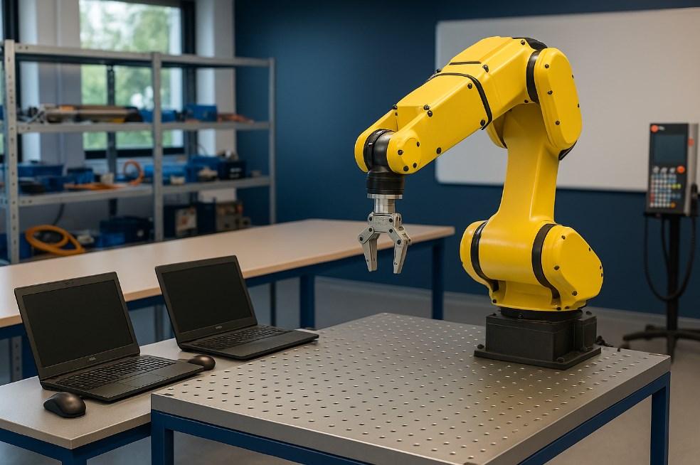 Laboratorio avanzato dotato di braccio robotico a 6 assi, banco di lavoro dedicato e notebook configurati con software di programmazione robotica