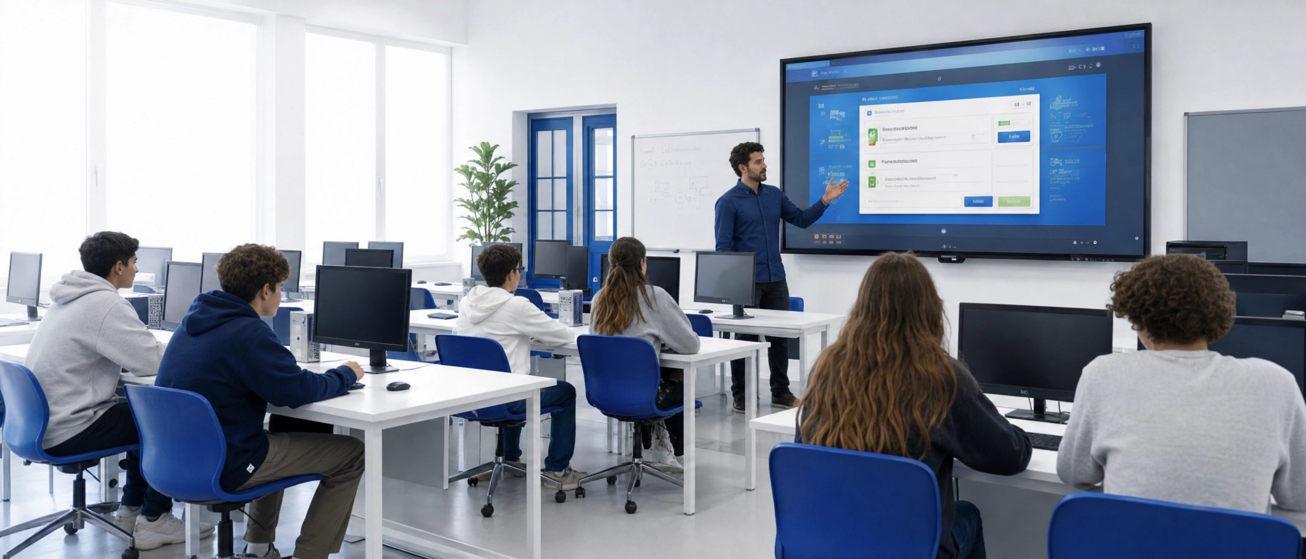 Docente durante una lezione in un laboratorio informatico scolastico