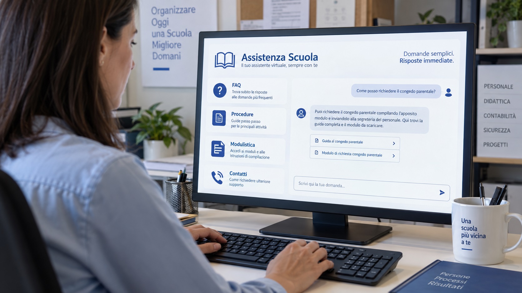 Intelligenza Artificiale per la Scuola: Chatbot, Assistenti IA e Servizi per Segreterie 2 Assistente virtuale scolastico consultato al computer